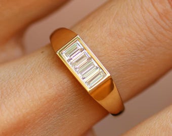 Architectural 14k Gold Baguette Diamond Ring - Modern Wedding or Engagement Band