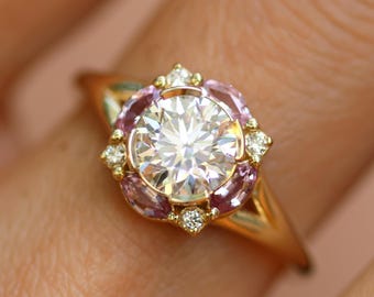 14k Gold Pink Sapphire Halo Engagement Ring - Petal Crown Round Diamond Ring