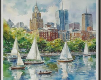 Boston Harbor Watercolor Print, Sailing Boats Skyline Art (Digital Download)