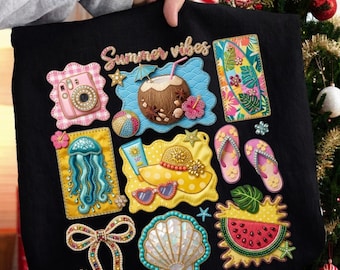 Summer Vibes Patchwork PNG , Beach Clipart Set, Cute Vacation Elements, Sunglasses Hat Flip Flops, Sublimation Digital Download