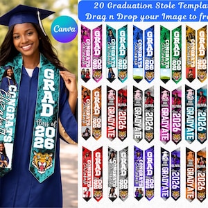 Può includere: Modelli di stole per la laurea con le scritte "GRAD 2026" e "CONGRATS Elizabeth". L'immagine mostra una donna con la toga e una stola turchese. I modelli sono disponibili in vari colori e design.