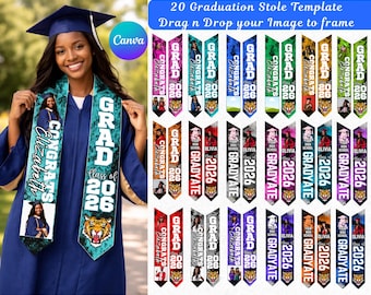 20 Graduation Stole Canva Editable Template Bundle, Graduation Sash 2026, Personalized Graduate Stole Design, Drag & Drop Photo, Custom Text