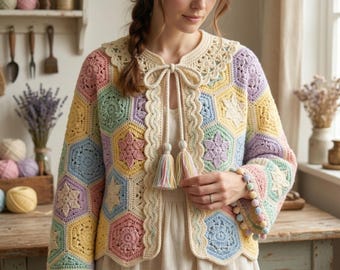 Crochet Hexagon Cardigan Pattern, Pastel Star Lace Yoke Jacket , Boho Crochet Coat Pattern, Vintage Style  Sweater, Digital Download