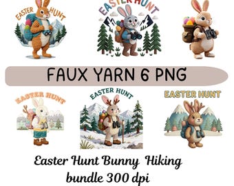 Faux Yarn Easter Hunt Bunny Bundle, Vintage Hiking Rabbit Crochet Style, Camping Easter Eggs Backpack, Spring Sublimation, digital download