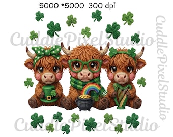 Faux Yarn Highland Cow St Patricks Day PNG, Crochet Shamrock Stack, Lucky Irish Coquette Sublimation Design, Cute Green Day Digital Art