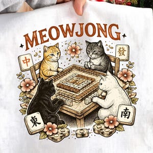 Mahjong Cats PNG, Vintage Meowjong Cat Gaming Club Design, Cute Cat Mahjong Clipart, Funny Cat Shirt Graphic, Digital Download