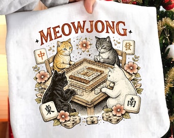 Mahjong Cats PNG, Vintage Meowjong Cat Gaming Club Design, Cute Cat Mahjong Clipart, Funny Cat Shirt Graphic, Digital Download