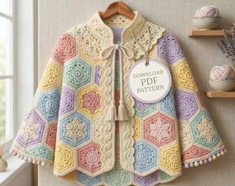 Crochet Hexagon Cardigan Pattern – Pastel Star Lace Yoke Jacket (PDF Download)