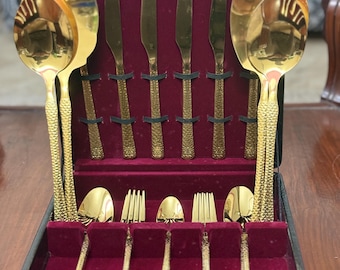 Gold Cutlery Set: 29 Pcs Stainless Steel Flatware with Roule Design
