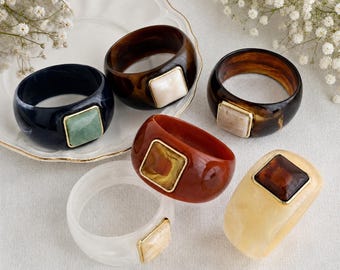 Chunky Resin Bangle Set, Gold Square Stone Cuff Bracelet, Stackable Statement Bangle