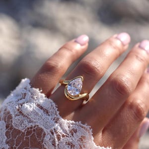 Teardrop Zirconia Ring, Pear Solitaire Statement, 18K Gold Plated Bypass Cocktail Ring