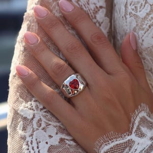 Heart Signet Ring, Red Crystal, Bold Statement, Gold Plated Stainless Steel