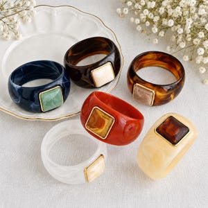 Chunky Resin Bangle Set, Gold Square Stone Cuff Bracelet, Stackable Statement Bangle