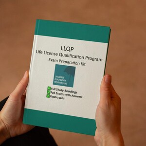 May include: A person holds a book titled "LLQP Life License Qualification Program Exam Preparation Kit". The cover is white with teal accents and text. The book includes "Full Study Readings", "Full Exams with Answers", and "Flashcards".