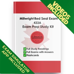 May include: A white book cover with red top and bottom borders titled Millwright Red Seal Exam 433A Exam Prep Study Kit. It features a red maple leaf graphic, a Canada seal, and a list of contents including study readings, exams, and flashcards.