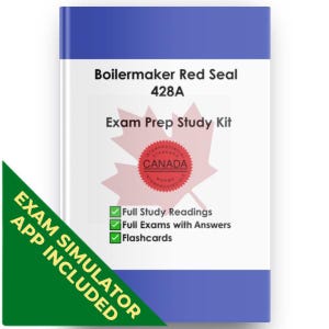 May include: A study guide book titled Boilermaker Red Seal 428A Exam Prep Study Kit with a light pink maple leaf graphic and a red Canada seal. The cover lists Full Study Readings, Full Exams with Answers, and Flashcards. A green corner banner reads EXAM SIMULATOR APP INCLUDED.