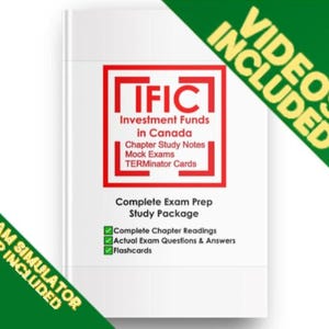 Puede incluir: Una guía de estudio blanca titulada IFIC Investment Funds in Canada con texto rojo y un borde cuadrado rojo. Incluye notas de capítulo, exámenes de prueba y tarjetas TERMinator. Banners verdes indican VIDEOS INCLUDED y EXAM SIMULATOR APP INCLUDED.