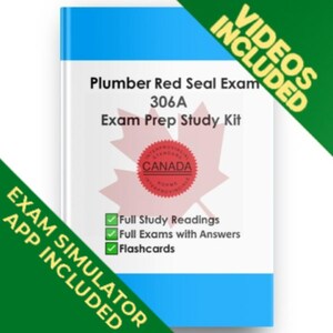 Może przedstawiać: Biały podręcznik zatytułowany Plumber Red Seal Exam 306A Exam Prep Study Kit z grafiką czerwonego liścia klonu i pieczęcią Kanady. Okładka zawiera listę Full Study Readings, Full Exams with Answers oraz Flashcards. Zielone banery wskazują Videos Included oraz Exam Simulator App Included.