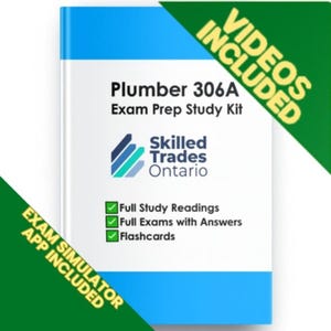 Könnte beinhalten: Ein weißes Lernbuch mit dem Titel Plumber 306A Exam Prep Study Kit und blauen Rändern oben und unten. Das Cover zeigt das Logo von Skilled Trades Ontario sowie eine Liste mit Inhalten wie Lektüren, Prüfungen und Lernkarten.