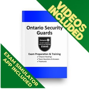 Puede incluir: Un libro blanco titulado Ontario Security Guards Exam Preparation & Training con bandas horizontales azules en la parte superior e inferior. La portada presenta un logo de escudo negro y enumera lecturas, preguntas, respuestas y tarjetas.