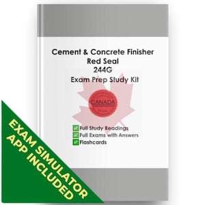 May include: A study guide book titled Cement & Concrete Finisher Red Seal 244G Exam Prep Study Kit. The cover features a red maple leaf graphic with a Canada seal, and text listing full study readings, exams with answers, and flashcards.