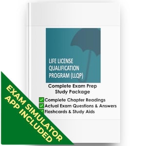 以下が含まれることがあります： Life License Qualification Program (LLQP) Complete Exam Prep Study Packageというタイトルの白い学習ガイドブック。黒い傘のアイコンが描かれた青緑色の正方形が特徴です。章ごとの読み物、試験問題、フラッシュカード、アプリが含まれています。
