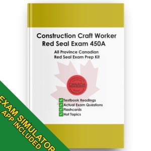 Puede incluir: Un libro titulado Construction Craft Worker Red Seal Exam 450A All Province Canadian Red Seal Exam Prep Kit con un gráfico de hoja de arce, un sello circular rojo y una banda diagonal verde que dice EXAM SIMULATOR APP INCLUDED.