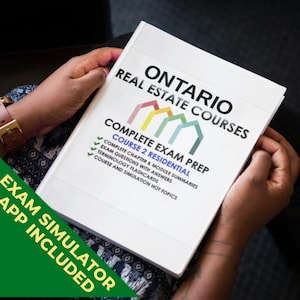 May include: A white book titled Ontario Real Estate Courses Complete Exam Prep Course 2 Residential, featuring a colourful house icon graphic, text listing study materials, and a green corner overlay stating Exam Simulator App Included.
