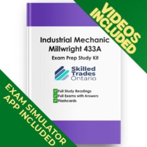 May include: A white study guide book titled Industrial Mechanic Millwright 433A Exam Prep Study Kit by Skilled Trades Ontario. The cover features purple bands at the top and bottom, a logo, and text listing full study readings, exams, and flashcards.