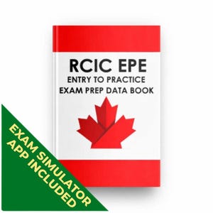 Puede incluir: Un libro con cubierta blanca que presenta una franja horizontal roja en la parte superior e inferior. El texto dice RCIC EPE ENTRY TO PRACTICE EXAM PREP DATA BOOK con un gráfico de hoja de arce roja. Una banda verde indica EXAM SIMULATOR APP INCLUDED.