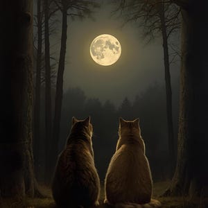 以下が含まれることがあります： 2匹の猫が、後ろ姿で、森の中で一緒に座り、満月を見上げています。月は夜空に輝く黄色い球体です。猫は茶色とオレンジ色の毛並みで、木々は暗闇の中にシルエットになっています。