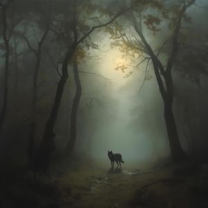 以下が含まれることがあります： 霧のかかった森の空き地にオオカミが立っています。高くて暗い木々がシーンを囲み、霧を通して柔らかな金色の光が差し込んでいます。オオカミはシルエットになっており、その姿は幻想的な背景の中で際立っています。