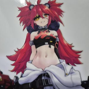 May include: A rectangular white surface featuring a vibrant anime-style illustration. The artwork depicts a character with fiery red hair, a black crop top, and a white jacket. The character is holding a weapon. The overall theme is anime.
