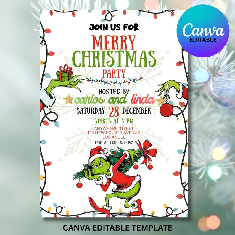 Grinch Christmas Invitation Template, Editable Party Invite (digital