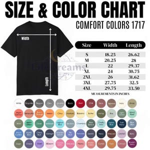 May include: Black t-shirt with a size and colour chart. The chart lists sizes S to 4XL with width and length measurements in inches. A colour palette shows various shades, including white, red, and blue.