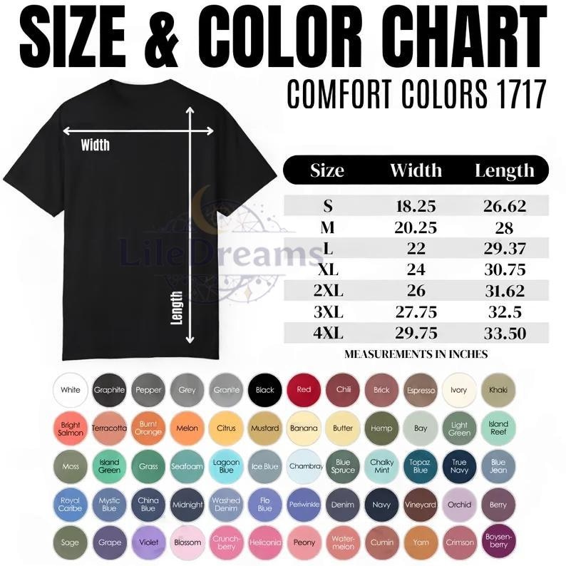 May include: Black t-shirt with a size and colour chart. The chart lists sizes S to 4XL with width and length measurements in inches. A colour palette shows various shades, including white, red, and blue.