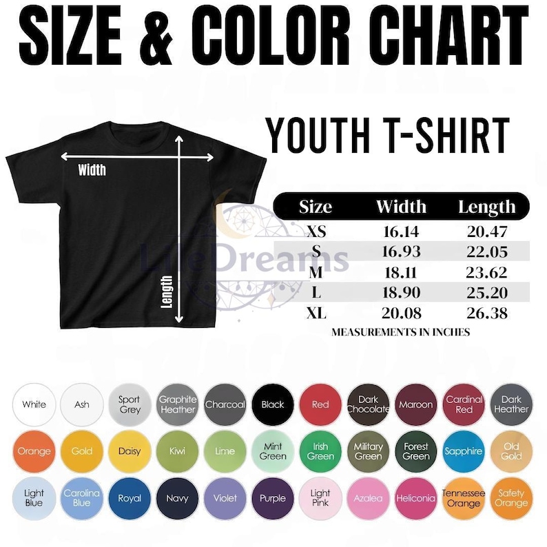 May include: Black youth t-shirt with a size and colour chart. The chart displays measurements in inches for sizes XS to XL. Colour options include white, black, red, and various shades of green, blue, and orange.