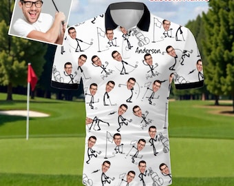 Polo de golf personnalisé avec visage, cadeau personnalisé amusant pour lui, chemise pour amateur de golf, polo photo pour homme, polo prénom personnalisé pour papa