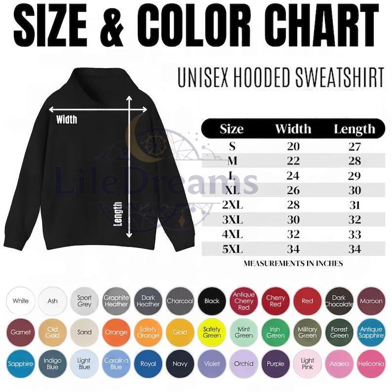 May include: Black unisex hooded sweatshirt with a size and colour chart. The chart shows measurements in inches for width and length, ranging from size S to 5XL. A colour palette of various shades is also displayed, including white, black, and maroon.