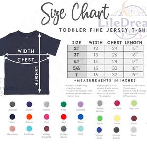 May include: A navy blue toddler fine jersey t-shirt with a size chart. The chart lists sizes 2T to 7, with measurements in inches for width, chest, and length. Colour options are displayed below the chart.