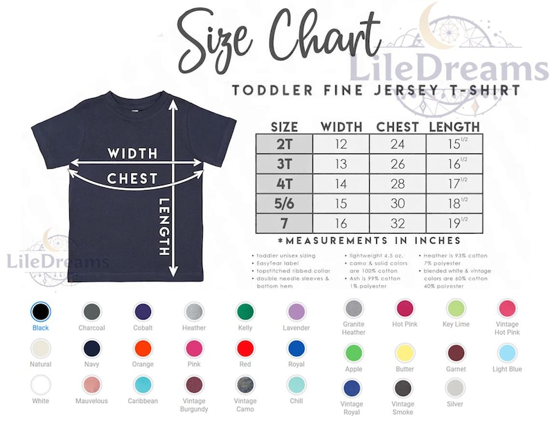 May include: A navy blue toddler fine jersey t-shirt with a size chart. The chart lists sizes 2T to 7, with measurements in inches for width, chest, and length. Colour options are displayed below the chart.