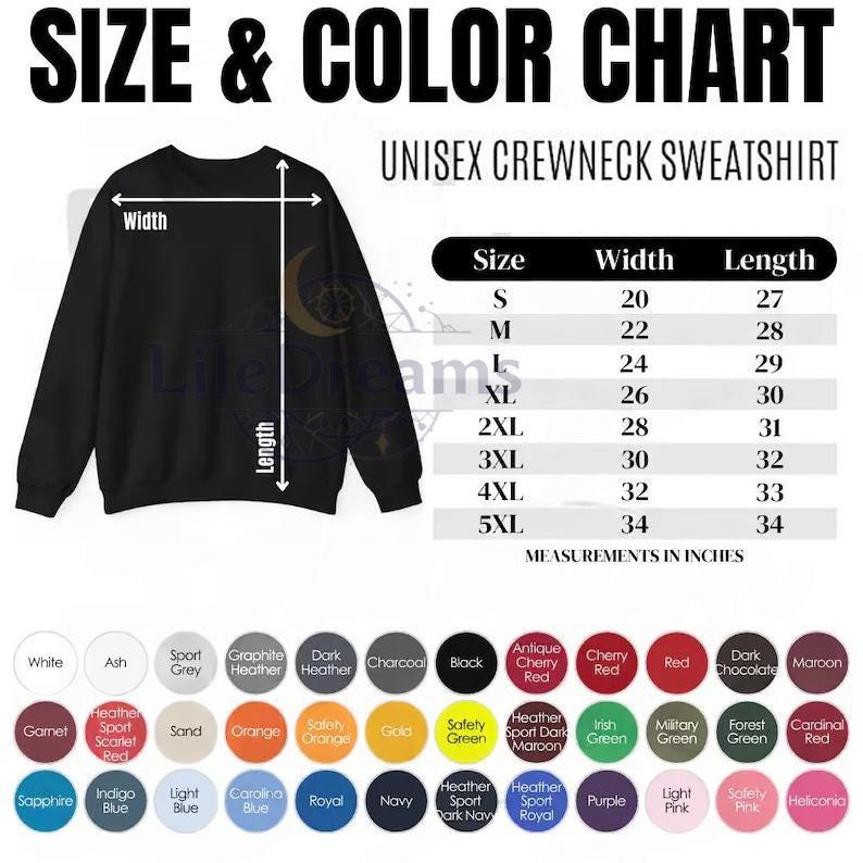 May include: Black unisex crewneck sweatshirt with a size and colour chart. The chart shows measurements in inches, with sizes ranging from S to 5XL. Colour options include white, black, and various shades of red, green, and blue.