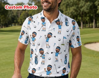 Custom Photo Golf Polo Shirt, Personalized Face Golf Shirt for Men, Funny Golfer Gift for Dad Husband Father's Day