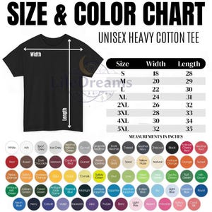 May include: Black unisex heavy cotton tee with a size and colour chart. The chart lists sizes S to 5XL with width and length measurements in inches. A wide range of colours are available, including red, orange, green, and blue.