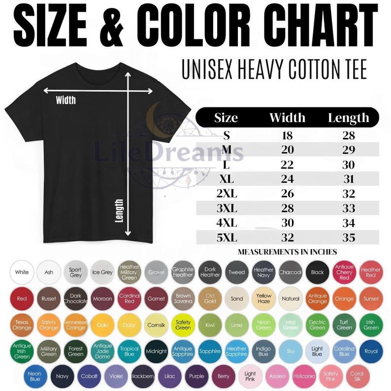 May include: Black unisex heavy cotton tee with a size and colour chart. The chart lists sizes S to 5XL with width and length measurements in inches. A wide range of colours are available, including red, orange, green, and blue.