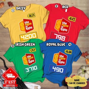 May include: Four short-sleeved t-shirts in yellow, red, green, and blue. Each shirt features a "The Price is Right" logo and a number. Names "Daisy", "Alex", "Alice", "Lyly", and "Alan" are also displayed. The text "Name can be changed" is also visible.