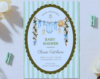 Invitación vintage para baby shower en azul y salvia, invitación rústica para bebé niño con magnolia, plantilla editable de Canva