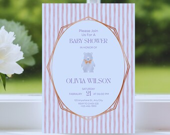 Invitación moderna para baby shower con osito de peluche, con rayas moradas y oro rosa, plantilla editable de Canva.