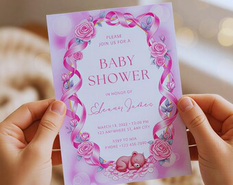 Invitación para baby shower con lazo floral rosa / Oso durmiendo / Plantilla editable de Canva