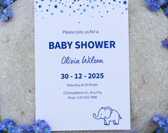 Babypartyeinladung mit blauen Sternen • Einfaches, modernes Design • Bearbeitbare Canva-Vorlage